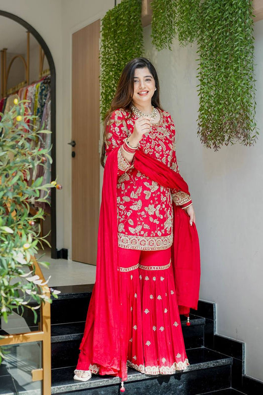 Premium Faux Georgette Top Plazzo Suit with Heavy Sequence and Beads Work
