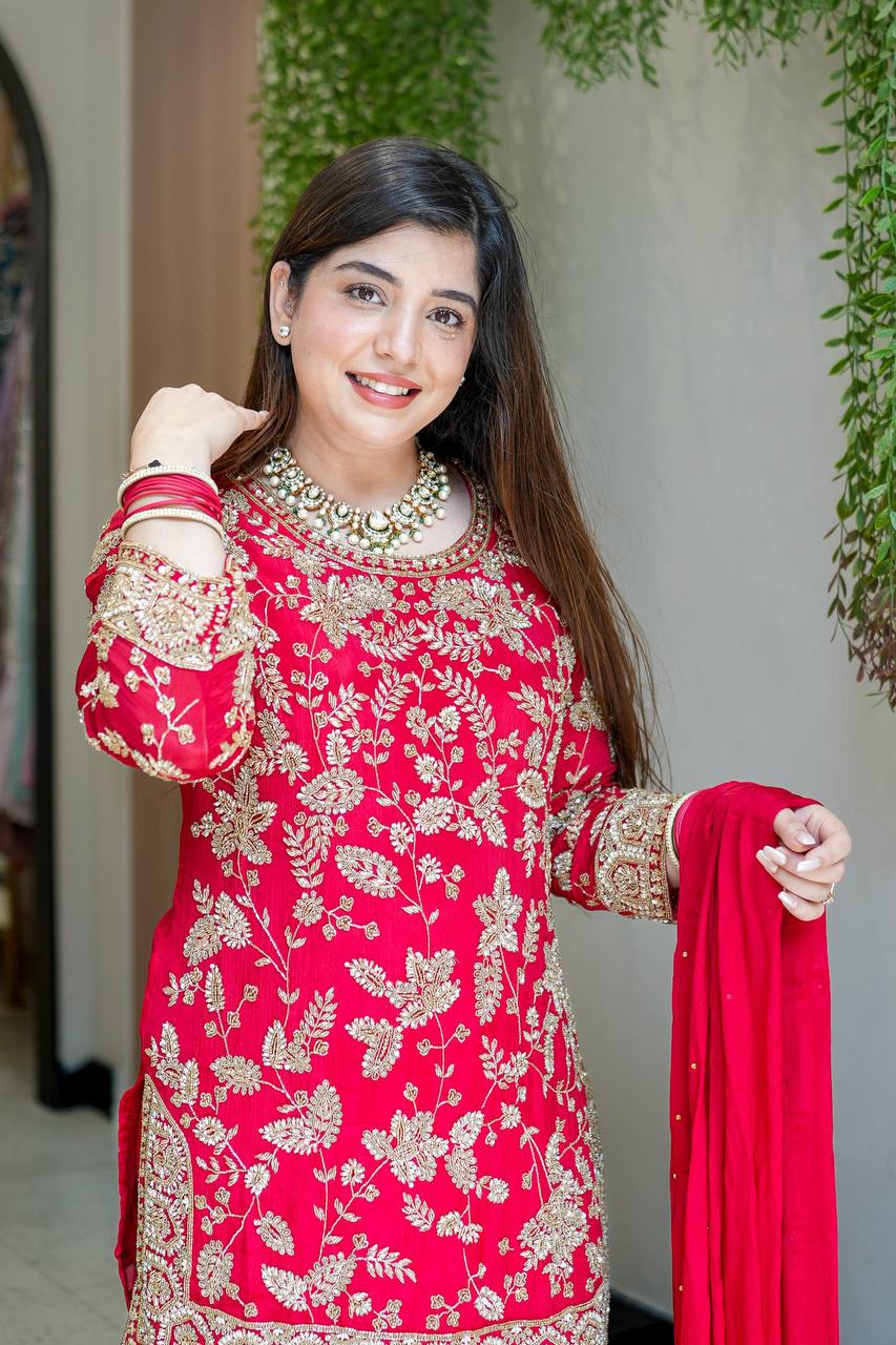 Premium Faux Georgette Top Plazzo Suit with Heavy Sequence and Beads Work