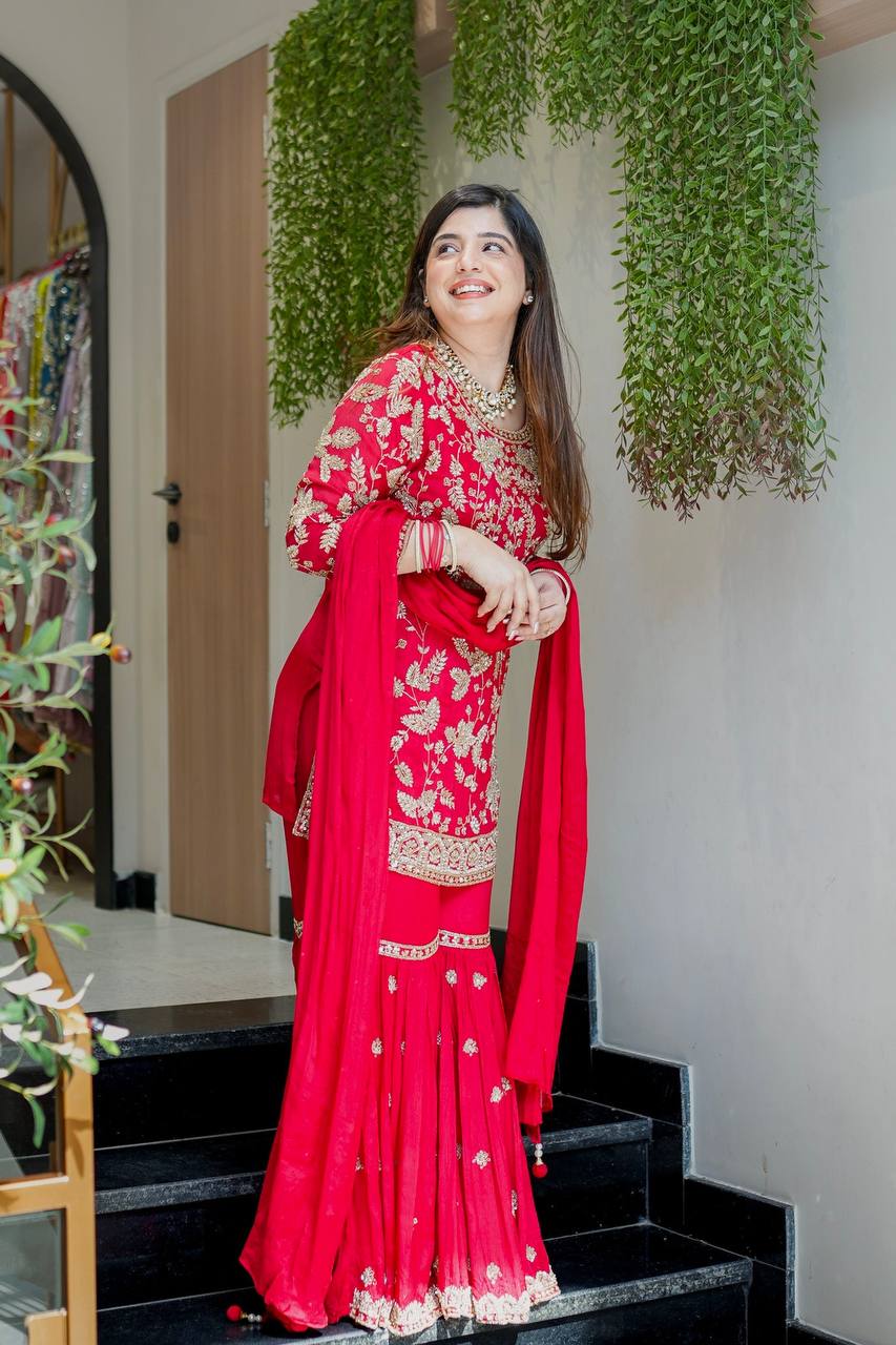 Premium Faux Georgette Top Plazzo Suit with Heavy Sequence and Beads Work