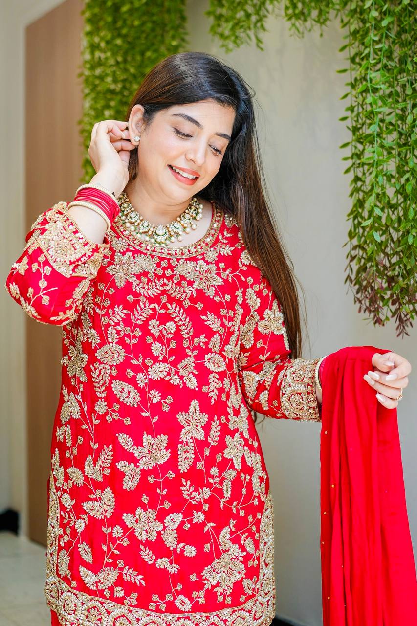 Premium Faux Georgette Top Plazzo Suit with Heavy Sequence and Beads Work