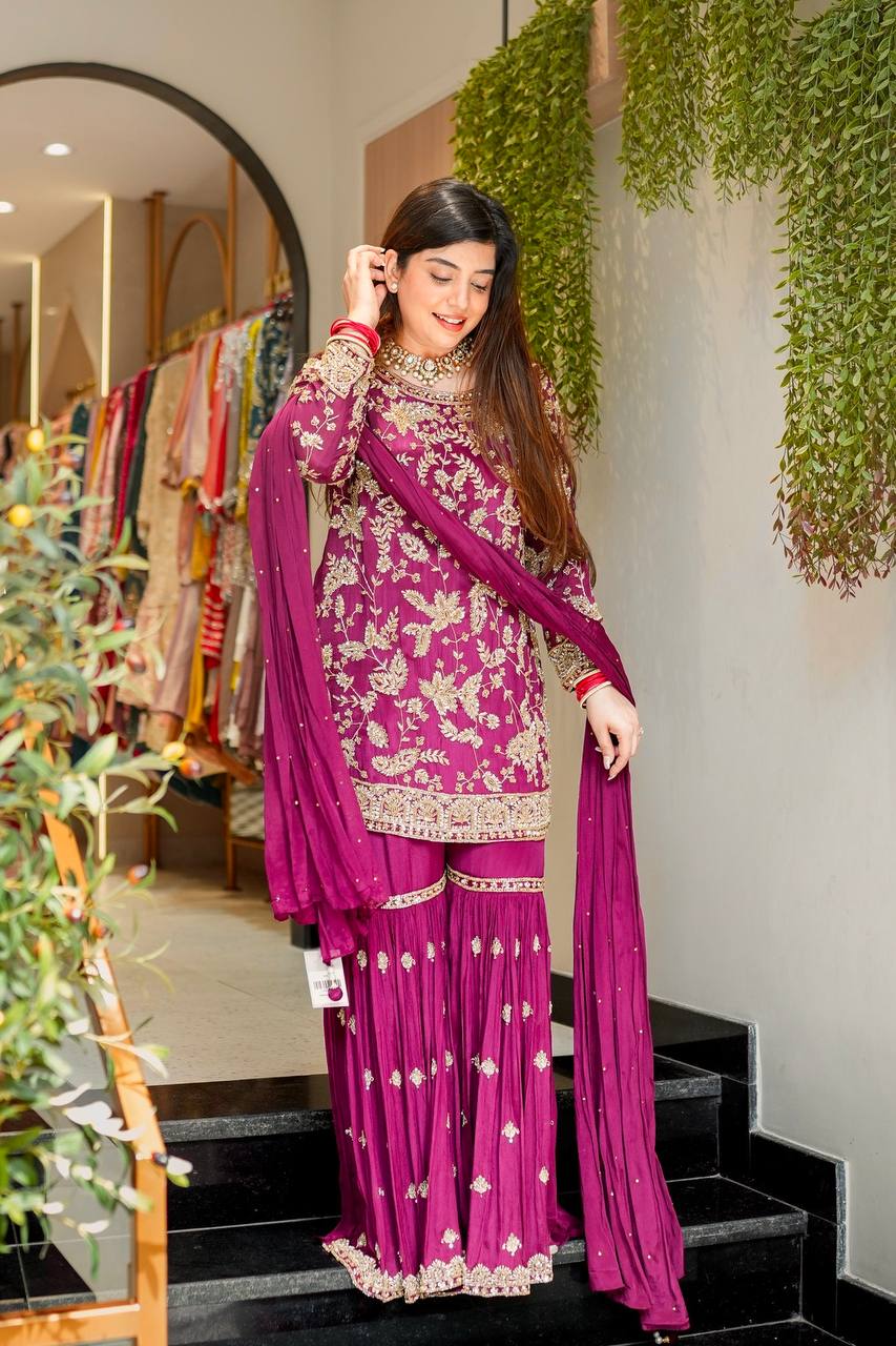 Premium Faux Georgette Top Plazzo Suit with Heavy Sequence and Beads Work