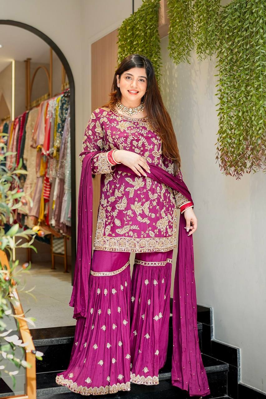 Premium Faux Georgette Top Plazzo Suit with Heavy Sequence and Beads Work