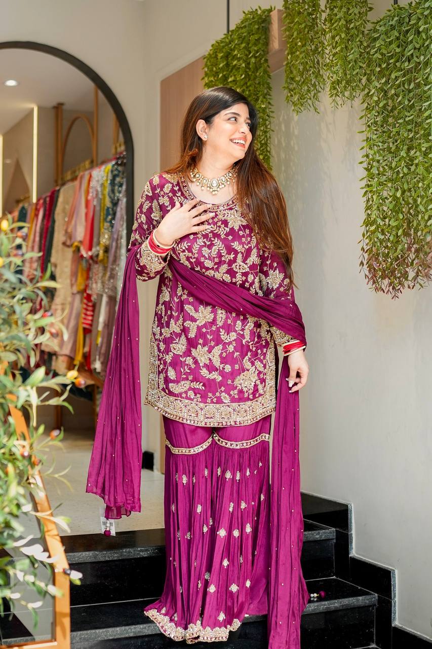 Premium Faux Georgette Top Plazzo Suit with Heavy Sequence and Beads Work