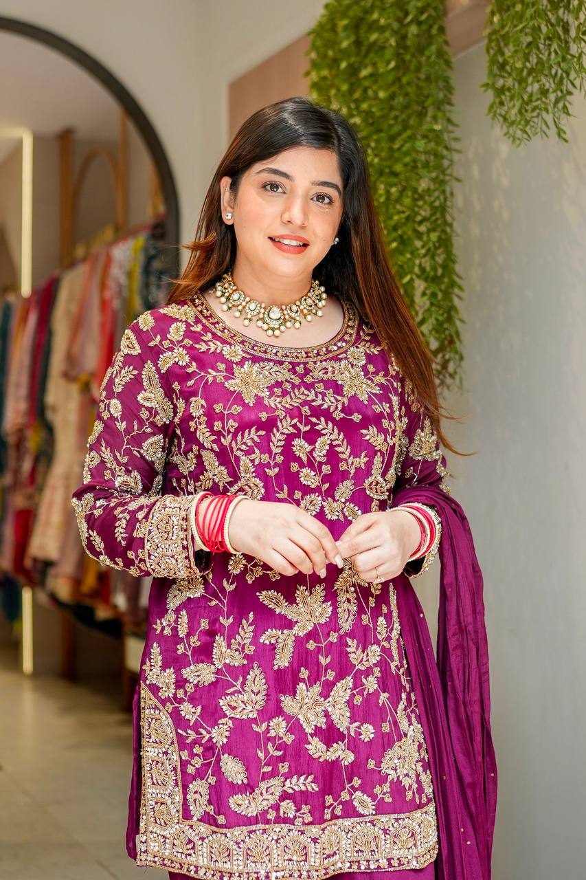 Premium Faux Georgette Top Plazzo Suit with Heavy Sequence and Beads Work
