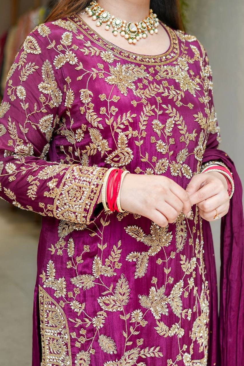 Premium Faux Georgette Top Plazzo Suit with Heavy Sequence and Beads Work