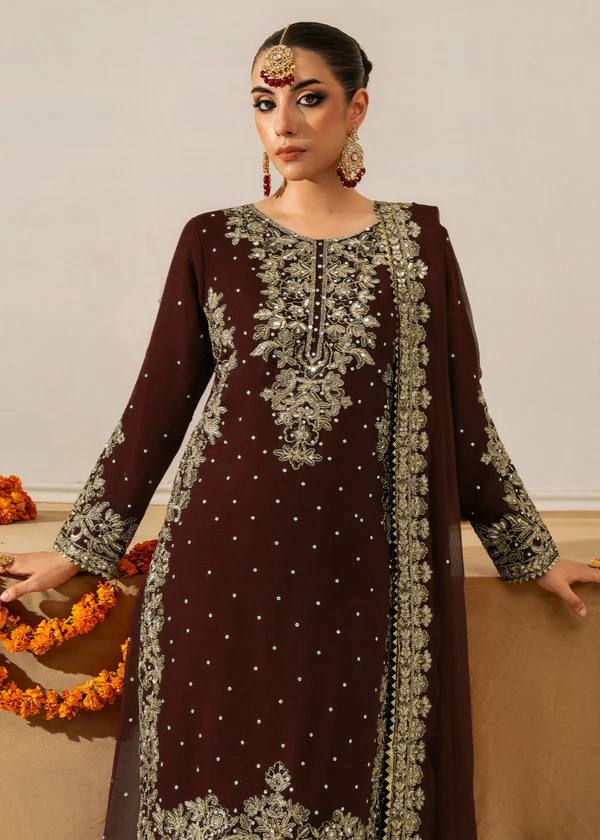 Fully Stitched Maroon Faux Georgette Kurta Plazo Dupatta Set with Intricate Coding and Rivet Moti Embellishments