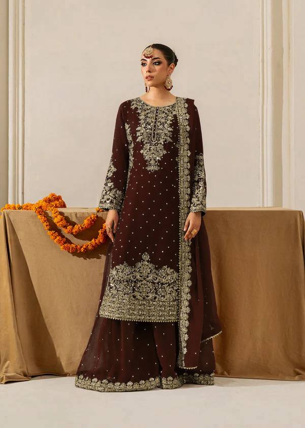 Fully Stitched Maroon Faux Georgette Kurta Plazo Dupatta Set with Intricate Coding and Rivet Moti Embellishments