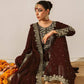 Fully Stitched Maroon Faux Georgette Kurta Plazo Dupatta Set with Intricate Coding and Rivet Moti Embellishments