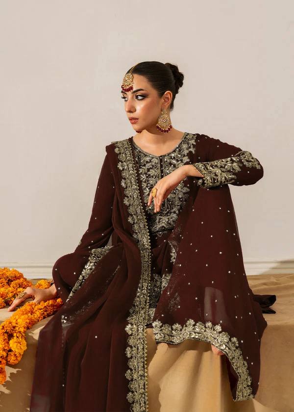 Fully Stitched Maroon Faux Georgette Kurta Plazo Dupatta Set with Intricate Coding and Rivet Moti Embellishments
