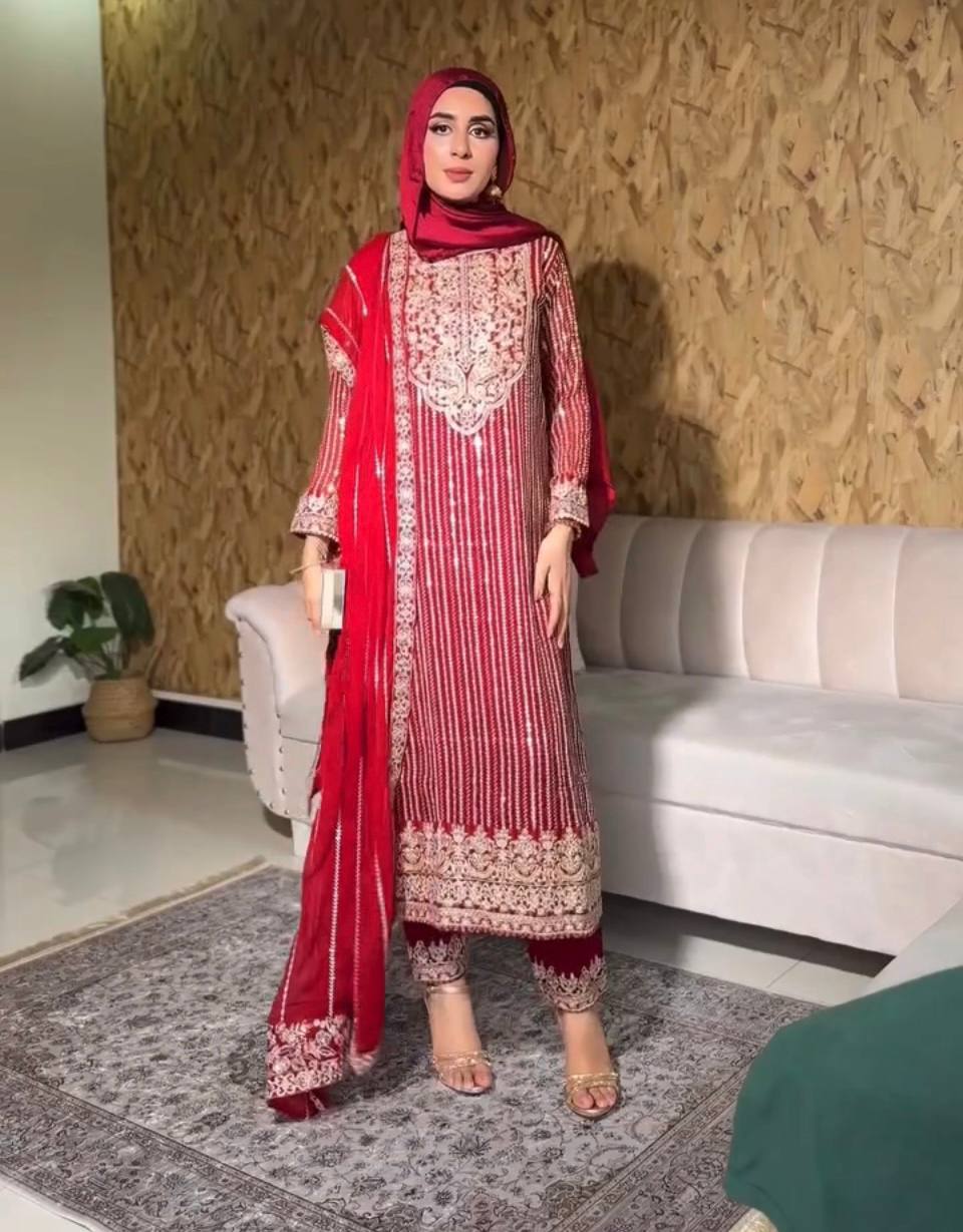 Exclusive Heavy Embroidered Suit Set in Fox Georgette and Micro Cotton
