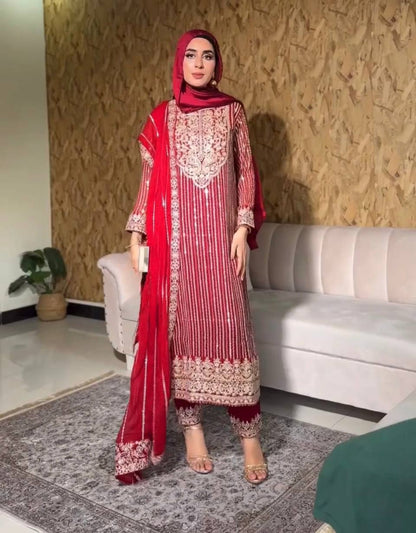 Exclusive Heavy Embroidered Suit Set in Fox Georgette and Micro Cotton