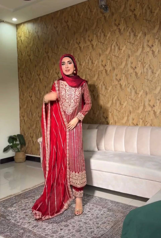 Exclusive Heavy Embroidered Suit Set in Fox Georgette and Micro Cotton