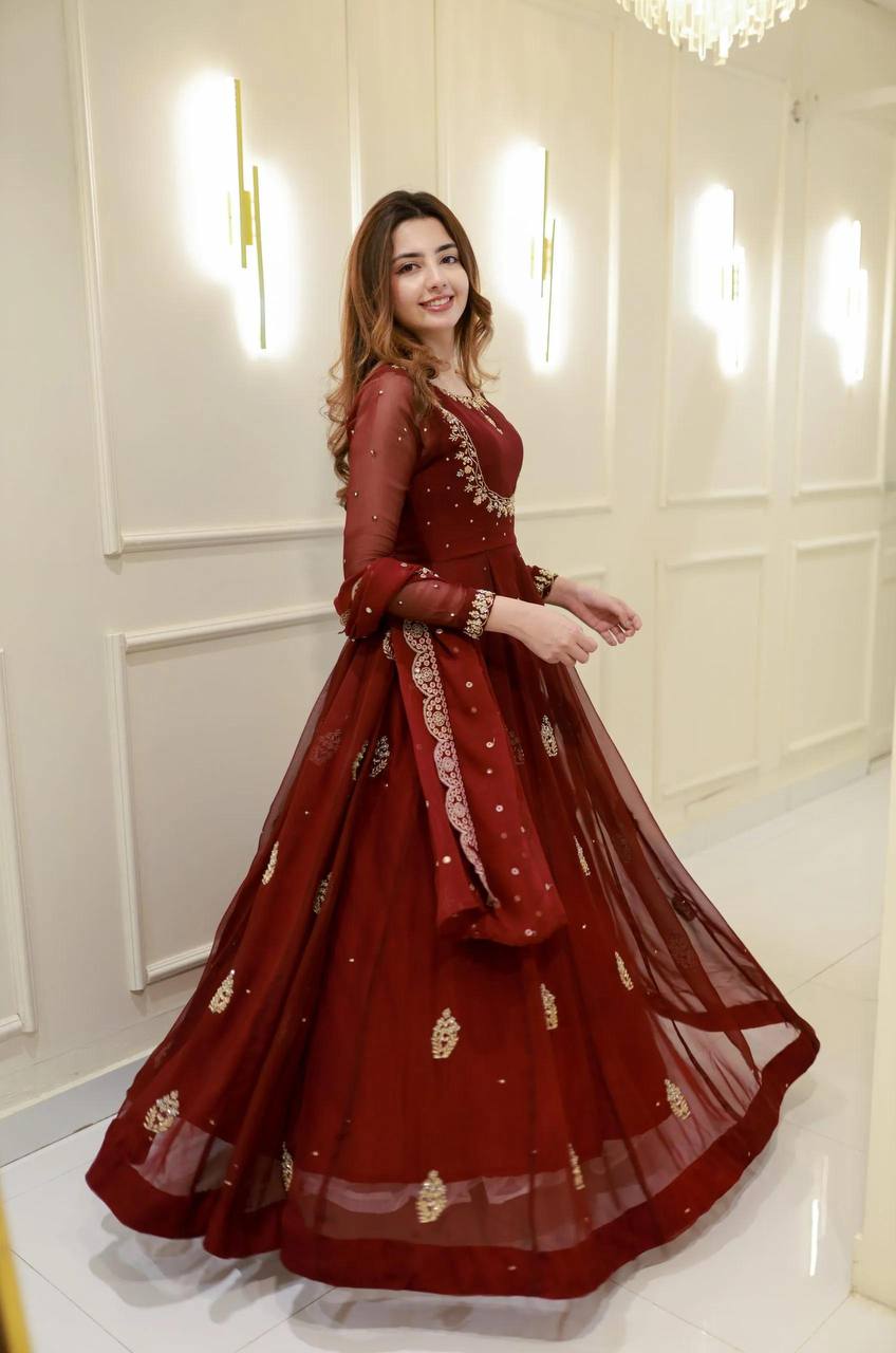 Premium Two Piece Gown and Dupatta Set with Sequence Embroidery