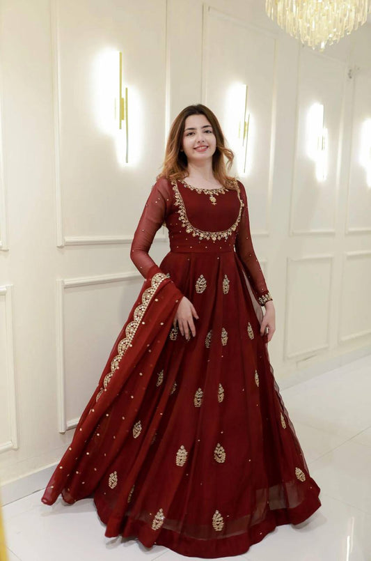Premium Two Piece Gown and Dupatta Set with Sequence Embroidery