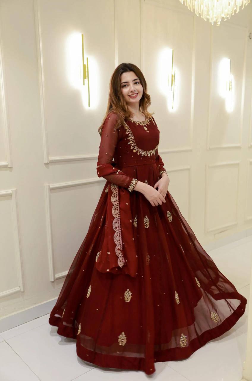 Premium Two Piece Gown and Dupatta Set with Sequence Embroidery