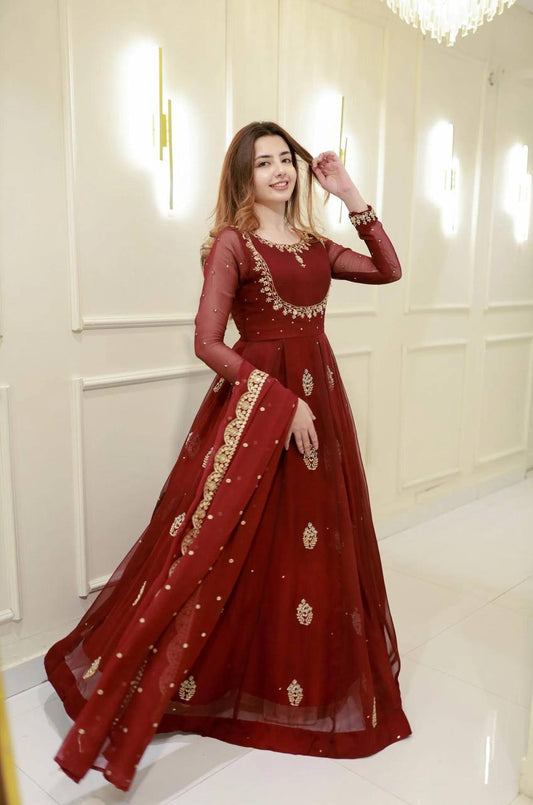 Premium Two Piece Gown and Dupatta Set with Sequence Embroidery