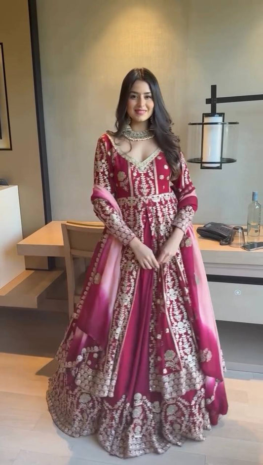 Turn Heads with This Three Piece Designer Set Featuring a Faux Georgette Lehenga and Top with a Breathable Micro Cotton Lining