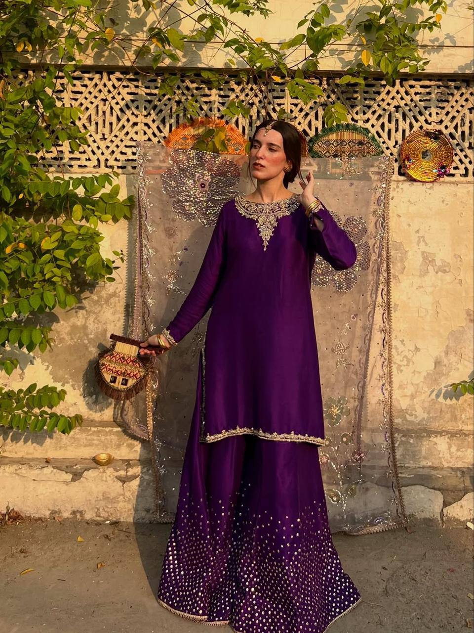 Designer Chinon Palazzo Ensemble with Sequin Embroidered Dupatta for Festive Glamour
