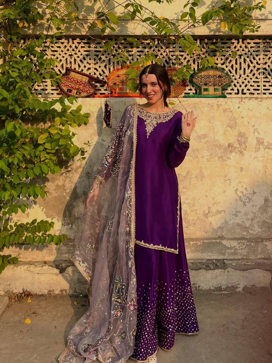 Designer Chinon Palazzo Ensemble with Sequin Embroidered Dupatta for Festive Glamour