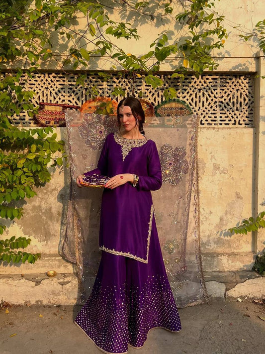Designer Chinon Palazzo Ensemble with Sequin Embroidered Dupatta for Festive Glamour