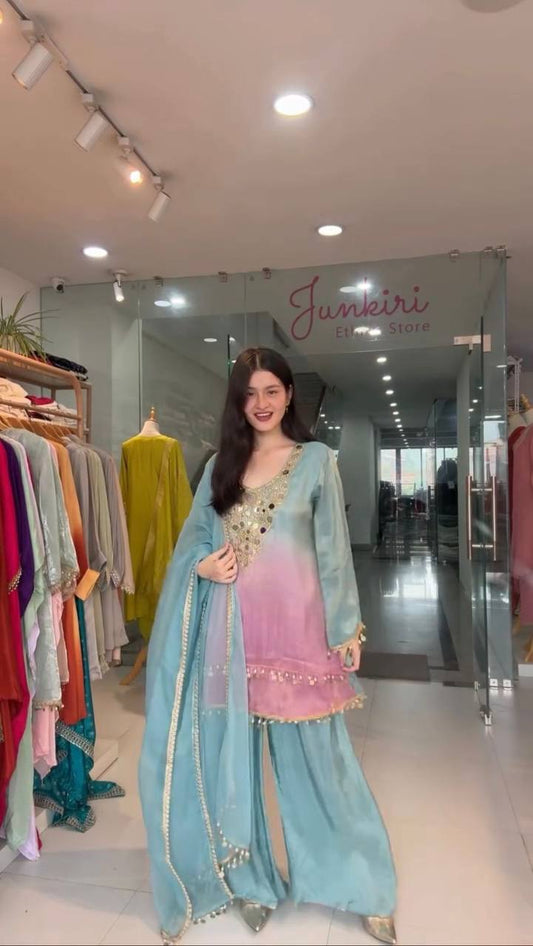 Traditional Printed Crape Silk Plazo Set with Embroidered Top and Dupatta
