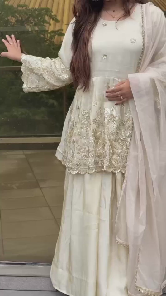 Embroidered Top & Palazzo with Micro Cotton Support and Fancy Four-Side Lace Dupatta