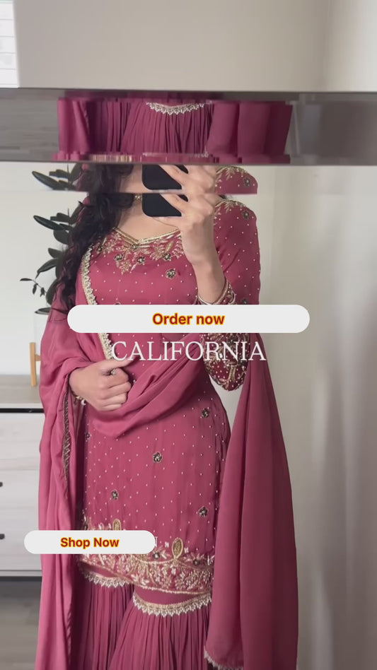 Designer Party Wear Pure Chinnon Silk Sharara Set with Dupatta – Moti Handwork & Heavy Embroidery