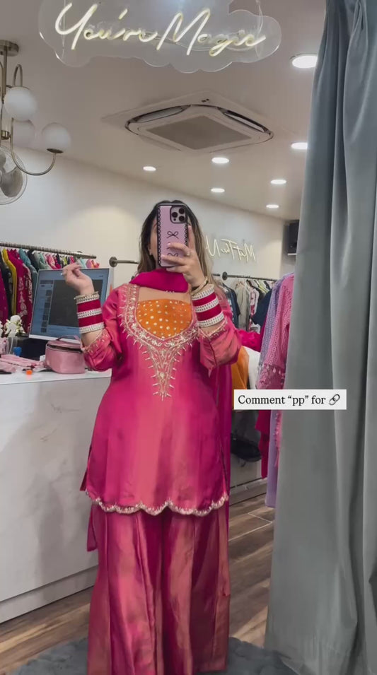 Premium Simar Silk Suit with Embroidered Full Sleeve Top and Elasticated Plazzo Pants