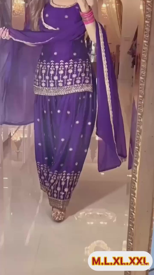 Designer Chinnon Silk Embroidered Dhoti Salwar Suit with Dupatta | Party Wear Set
