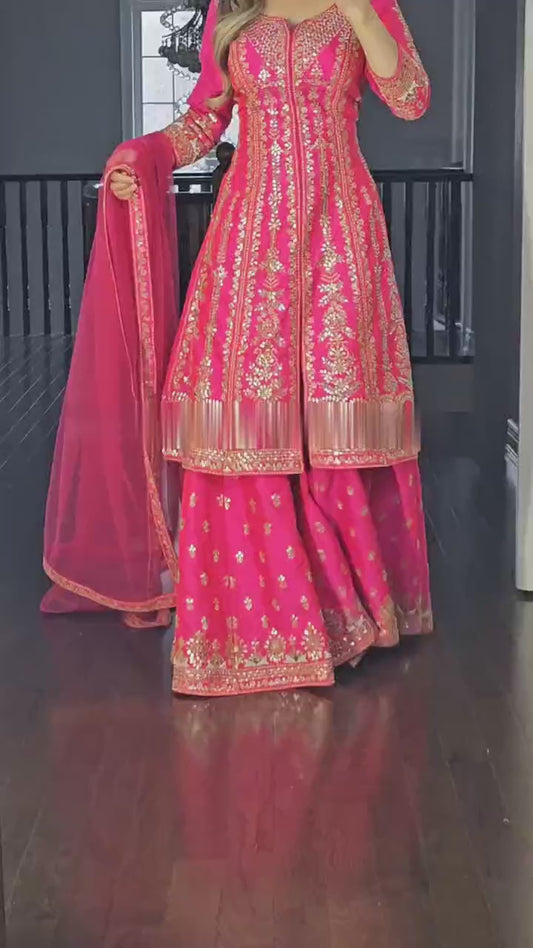 Premium Malay Satin Silk Embroidered Top–Sharara Plazzo Set With Dupatta – Fully Stitched