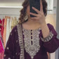 Wine Color Chinon Silk Thread & Sequin Embroidered Top with Plazo and Dupatta Set