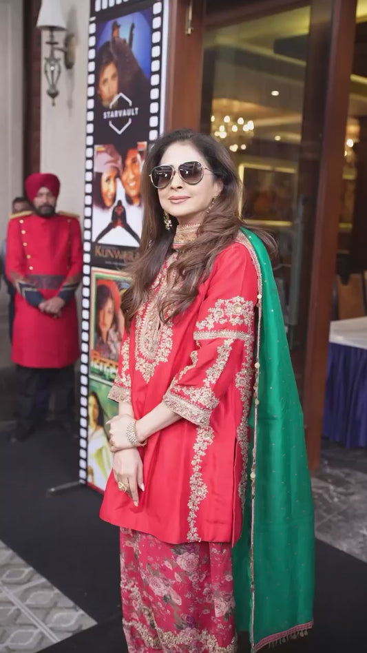 Designer Red Malay Silk Embroidered Suit with Digital Print Farshi Salwar & Organza Dupatta – Fully Stitched Premium Set