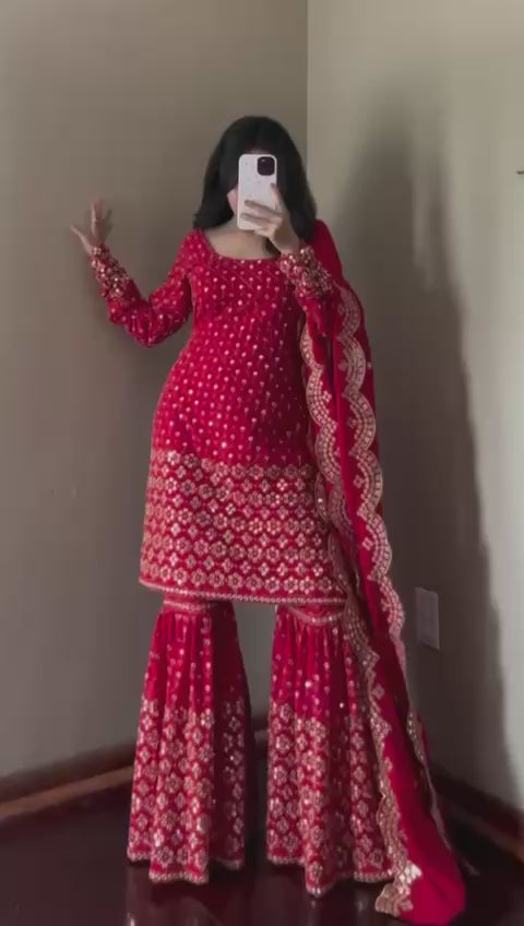 Red Elegance Faux Georgette 3 Piece Sharara Set with Dupatta and Micro Cotton Lining