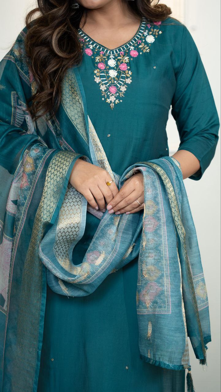Premium Roman Silk Kurti Pent Dupatta Set