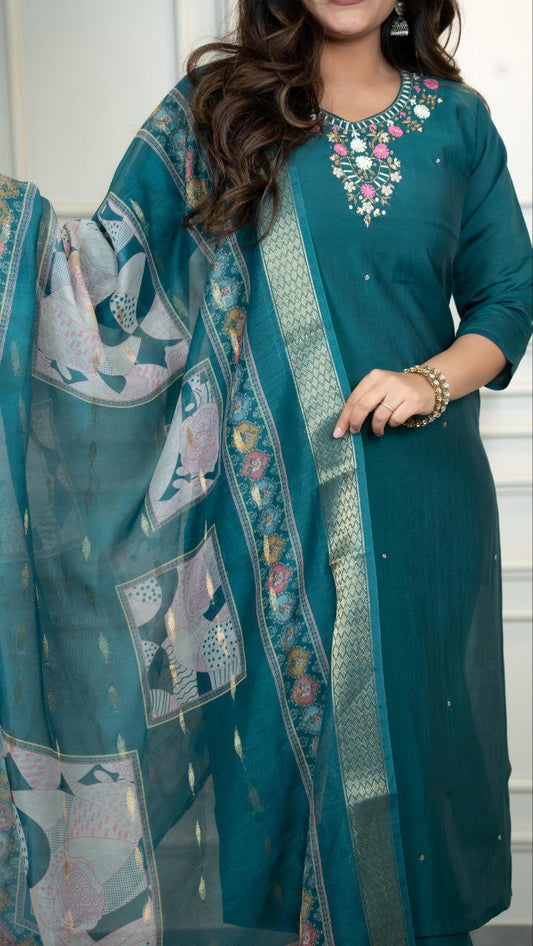 Premium Roman Silk Kurti Pent Dupatta Set