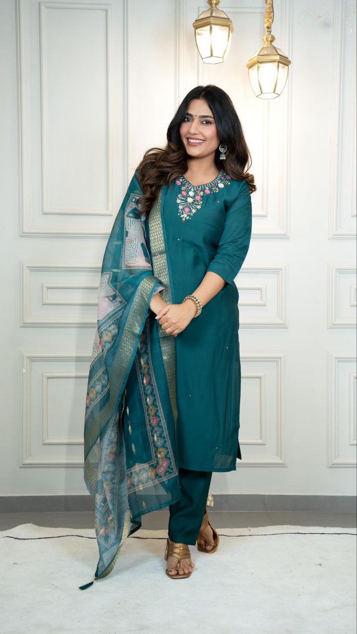 Premium Roman Silk Kurti Pent Dupatta Set