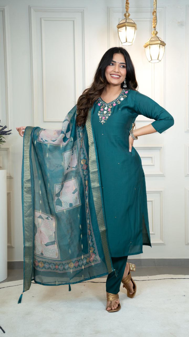 Premium Roman Silk Kurti Pent Dupatta Set