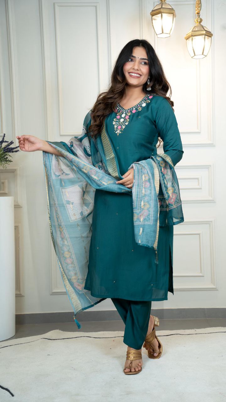 Premium Roman Silk Kurti Pent Dupatta Set