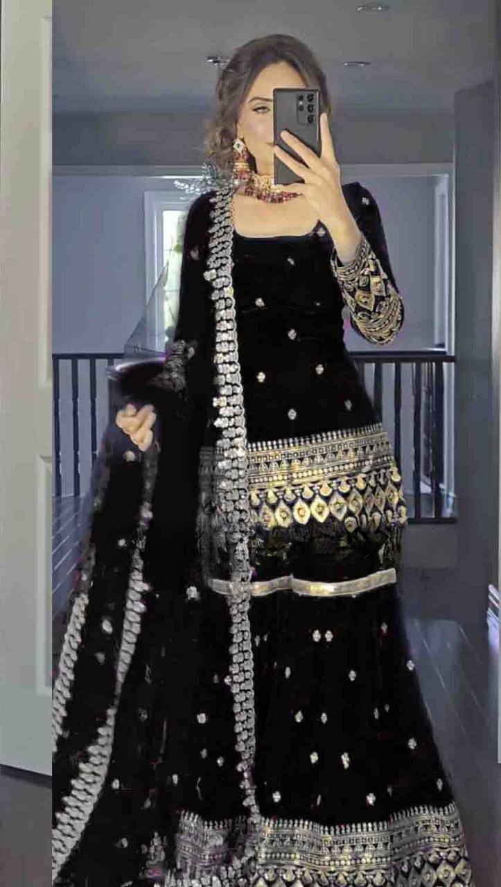 Party Wear Designer Gown with Pant in Heavy Faux Georgette Featuring Full Sleeve Embroidery