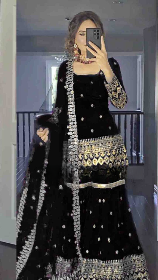 Party Wear Designer Gown with Pant in Heavy Faux Georgette Featuring Full Sleeve Embroidery